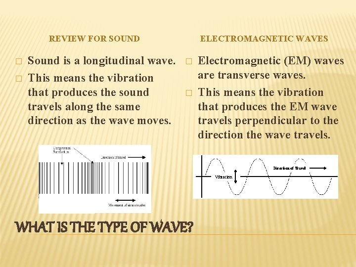 REVIEW FOR SOUND � � Sound is a longitudinal wave. This means the vibration