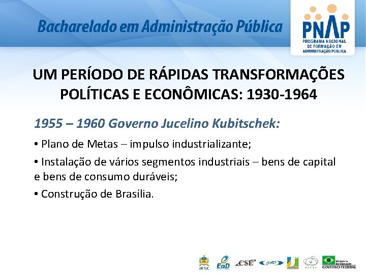 UM PERÍODO DE RÁPIDAS TRANSFORMAÇÕES POLÍTICAS E ECONÔMICAS: 1930 -1964 1955 – 1960 Governo