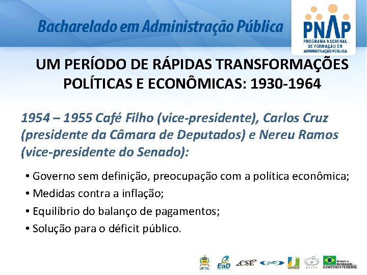 UM PERÍODO DE RÁPIDAS TRANSFORMAÇÕES POLÍTICAS E ECONÔMICAS: 1930 -1964 1954 – 1955 Café