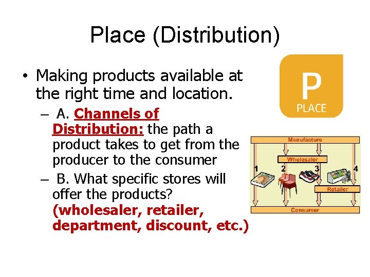 Place (Distribution) • Making products available at the right time and location. – A.