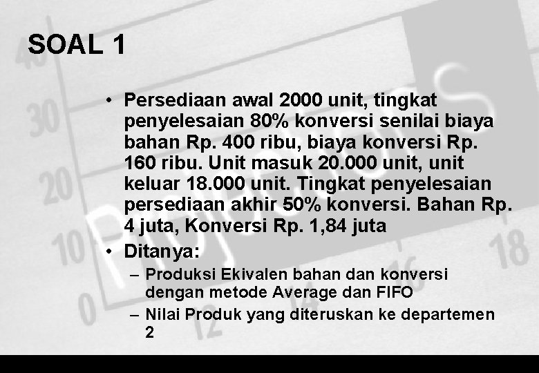 SOAL 1 • Persediaan awal 2000 unit, tingkat penyelesaian 80% konversi senilai biaya bahan