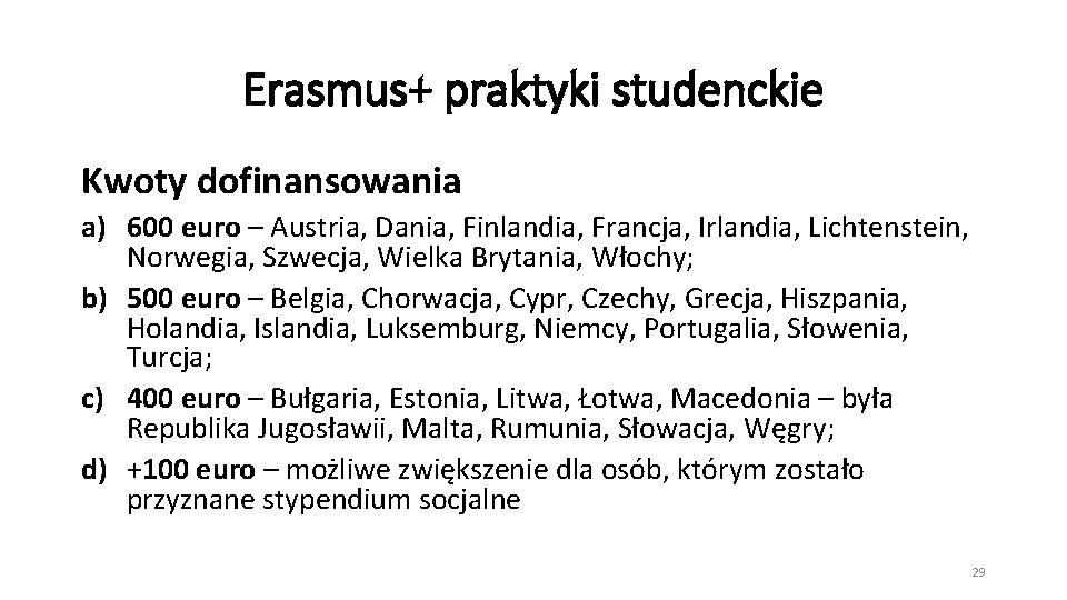 Erasmus+ praktyki studenckie Kwoty dofinansowania a) 600 euro – Austria, Dania, Finlandia, Francja, Irlandia,