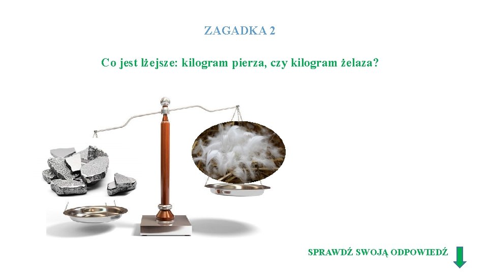 ZAGADKA 2 Co jest lżejsze: kilogram pierza, czy kilogram żelaza? SPRAWDŹ SWOJĄ ODPOWIEDŹ 