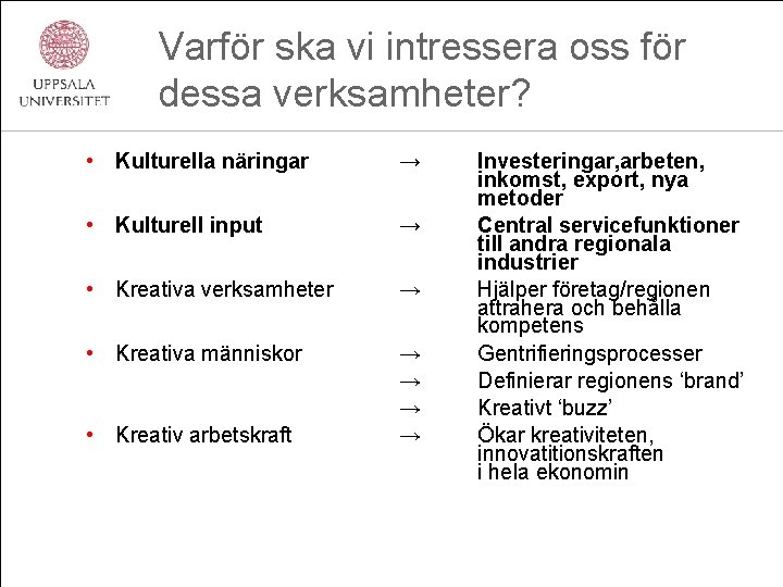 Varför ska vi intressera oss för dessa verksamheter? • Kulturella näringar → • Kulturell