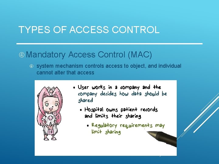 TYPES OF ACCESS CONTROL Mandatory Access Control (MAC) system mechanism controls access to object,