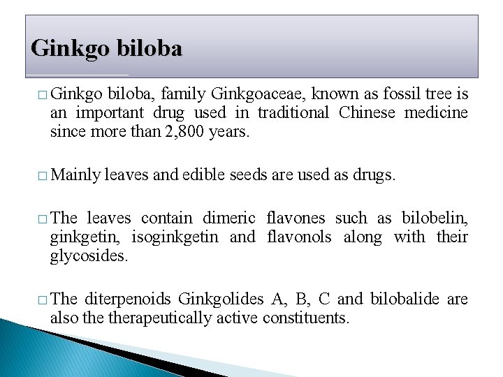 Ginkgo biloba � Ginkgo biloba, family Ginkgoaceae, known as fossil tree is an important Ginkgo biloba � Ginkgo biloba, family Ginkgoaceae, known as fossil tree is an important