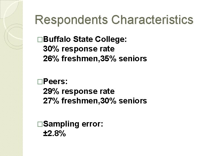 Respondents Characteristics �Buffalo State College: 30% response rate 26% freshmen, 35% seniors �Peers: 29%