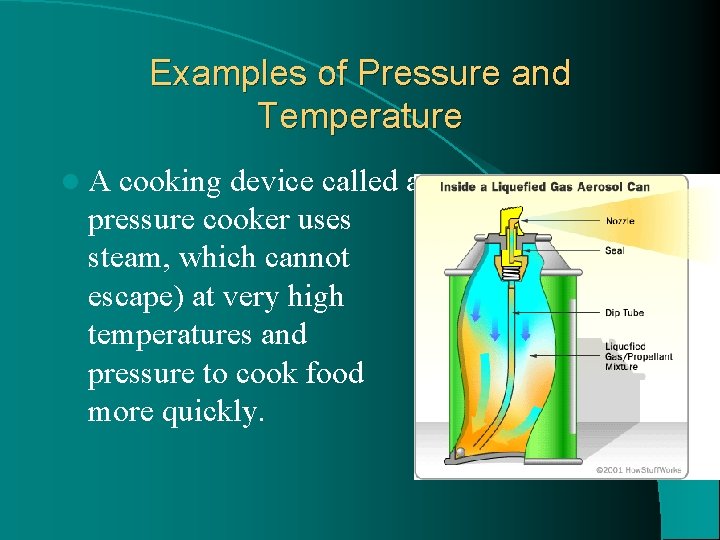 Examples of Pressure and Temperature l. A cooking device called a pressure cooker uses
