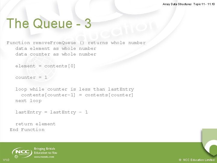 Array Data Structures Topic 11 - 11. 10 The Queue - 3 Function remove.