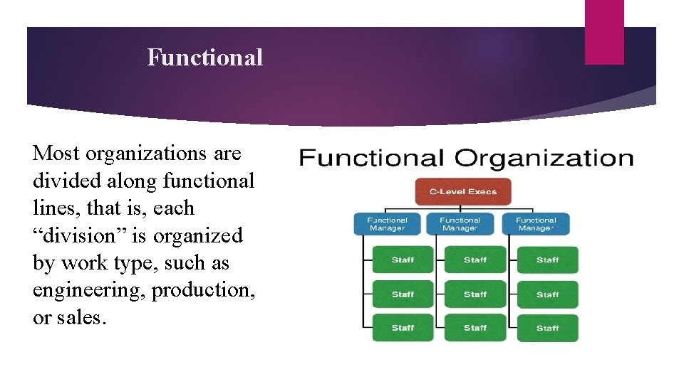 Functional Most organizations are divided along functional lines, that is, each “division” is organized Functional Most organizations are divided along functional lines, that is, each “division” is organized