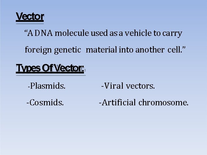 Vector “A DNA molecule used as a vehicle to carry foreign genetic material into