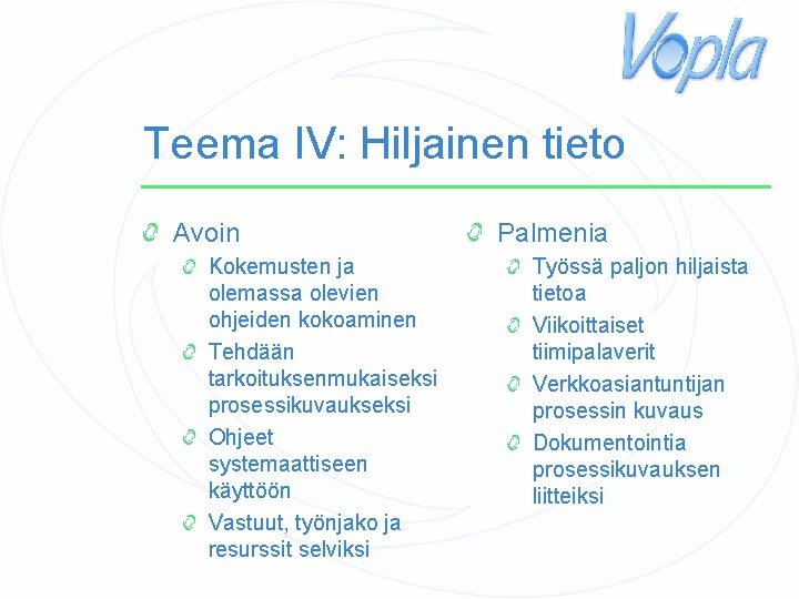 Teema IV: Hiljainen tieto Avoin Kokemusten ja olemassa olevien ohjeiden kokoaminen Tehdään tarkoituksenmukaiseksi prosessikuvaukseksi