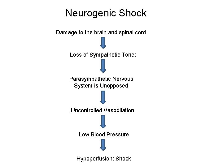 Neurogenic Shock Damage to the brain and spinal cord Loss of Sympathetic Tone: Parasympathetic