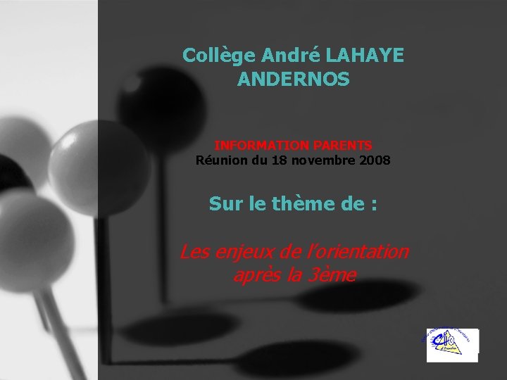Collège André LAHAYE ANDERNOS INFORMATION PARENTS Réunion du 18 novembre 2008 Sur le thème