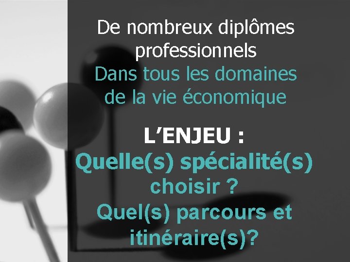 De nombreux diplômes professionnels Dans tous les domaines de la vie économique L’ENJEU :