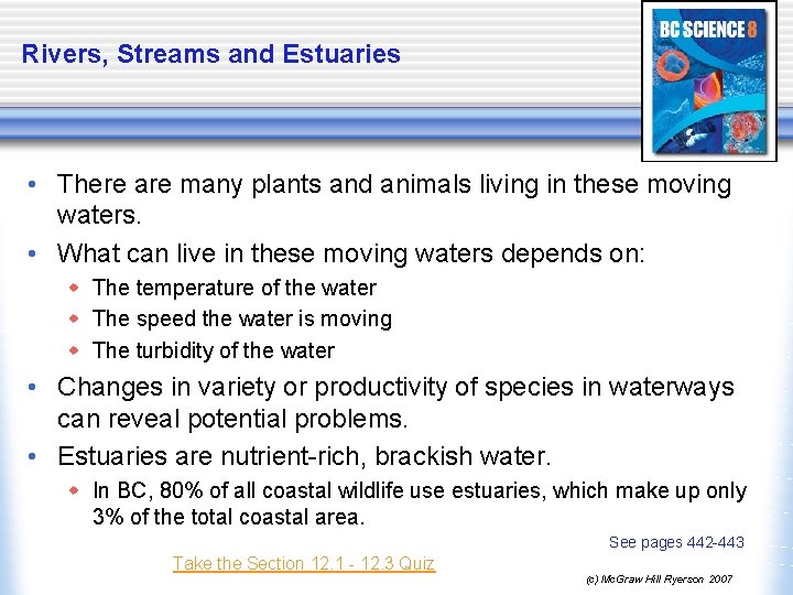 Rivers, Streams and Estuaries • There are many plants and animals living in these