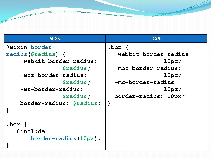 SCSS @mixin borderradius($radius) { -webkit-border-radius: $radius; -moz-border-radius: $radius; -ms-border-radius: $radius; }. box { @include SCSS @mixin borderradius($radius) { -webkit-border-radius: $radius; -moz-border-radius: $radius; -ms-border-radius: $radius; }. box { @include