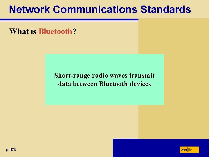 Network Communications Standards What is Bluetooth? Short-range radio waves transmit data between Bluetooth devices