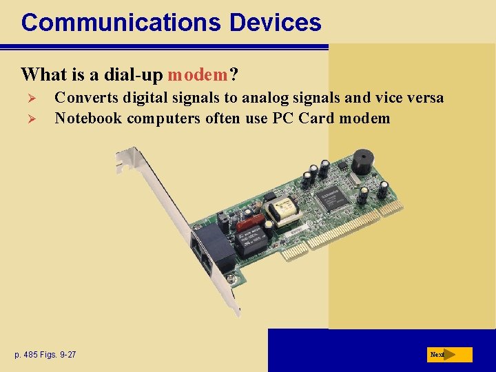 Communications Devices What is a dial-up modem? Ø Ø Converts digital signals to analog