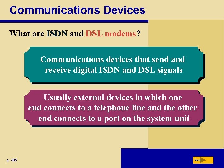 Communications Devices What are ISDN and DSL modems? Communications devices that send and receive