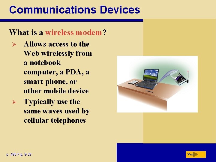 Communications Devices What is a wireless modem? Ø Ø Allows access to the Web