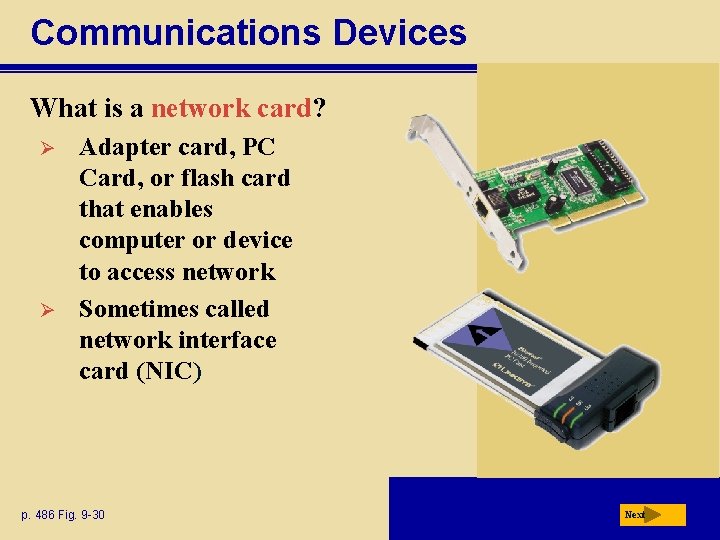 Communications Devices What is a network card? Ø Ø Adapter card, PC Card, or