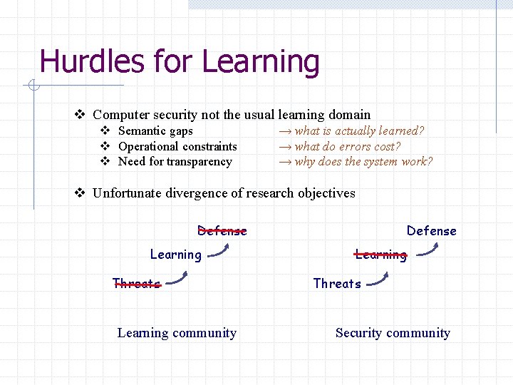 Hurdles for Learning v Computer security not the usual learning domain v Semantic gaps Hurdles for Learning v Computer security not the usual learning domain v Semantic gaps