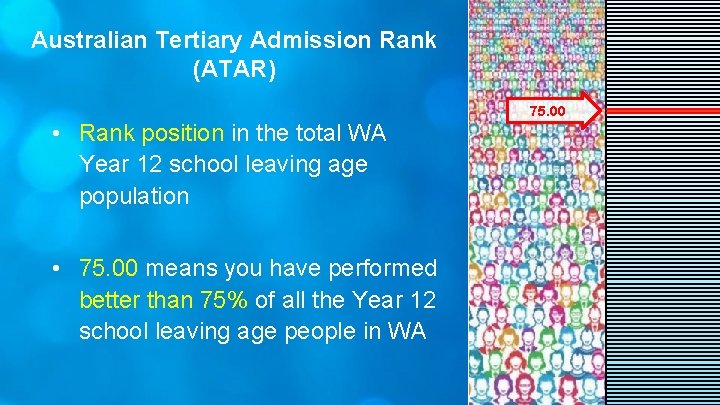 Australian Tertiary Admission Rank (ATAR) • Rank position in the total WA Year 12