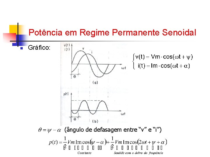 Potência em Regime Permanente Senoidal n Gráfico: (ângulo de defasagem entre “v” e “i”) Potência em Regime Permanente Senoidal n Gráfico: (ângulo de defasagem entre “v” e “i”)