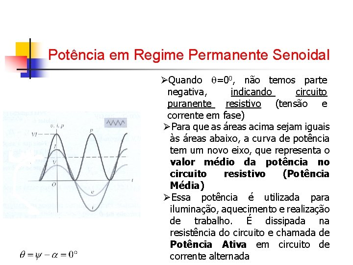 Potência em Regime Permanente Senoidal ØQuando =00, não temos parte negativa, indicando circuito puranente Potência em Regime Permanente Senoidal ØQuando =00, não temos parte negativa, indicando circuito puranente