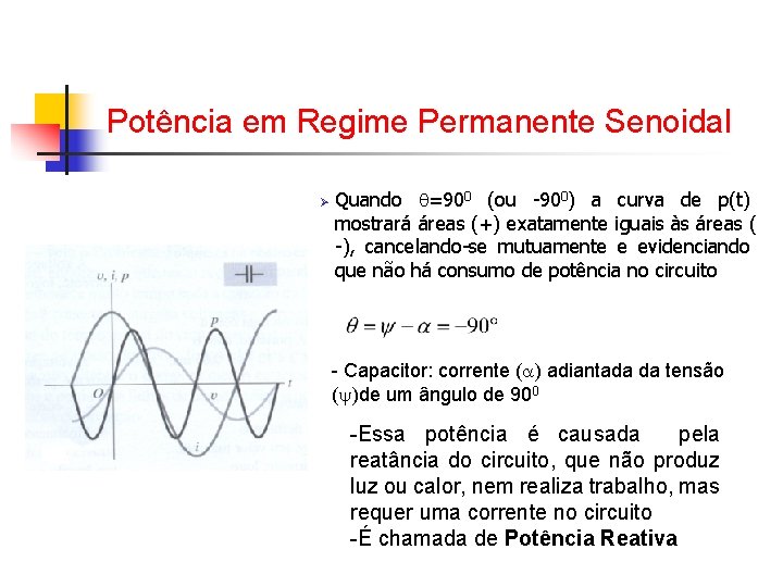 Potência em Regime Permanente Senoidal Ø Quando =900 (ou -900) a curva de p(t) Potência em Regime Permanente Senoidal Ø Quando =900 (ou -900) a curva de p(t)
