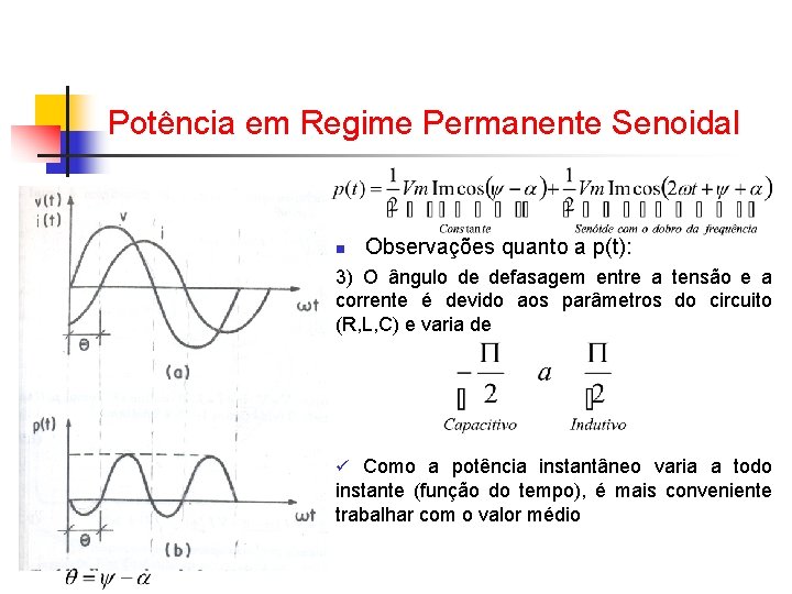 Potência em Regime Permanente Senoidal n Observações quanto a p(t): 3) O ângulo de Potência em Regime Permanente Senoidal n Observações quanto a p(t): 3) O ângulo de