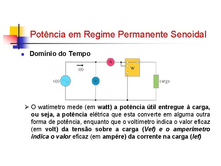 Potência em Regime Permanente Senoidal n Domínio do Tempo Ø O watímetro mede (em Potência em Regime Permanente Senoidal n Domínio do Tempo Ø O watímetro mede (em
