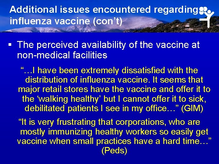 Additional issues encountered regarding influenza vaccine (con’t) § The perceived availability of the vaccine