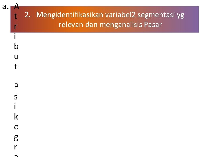 a. A t 2. Mengidentifikasikan variabel 2 segmentasi yg relevan dan menganalisis Pasar r