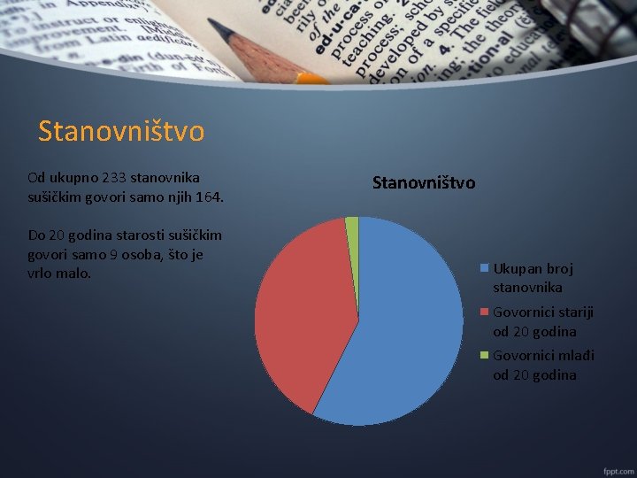 Stanovništvo Od ukupno 233 stanovnika sušičkim govori samo njih 164. Do 20 godina starosti