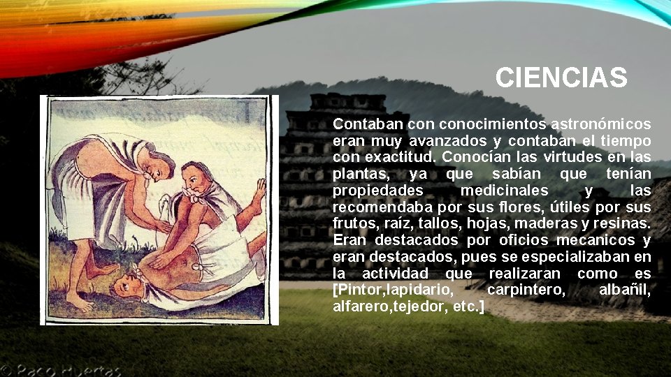 CIENCIAS Contaban conocimientos astronómicos eran muy avanzados y contaban el tiempo con exactitud. Conocían