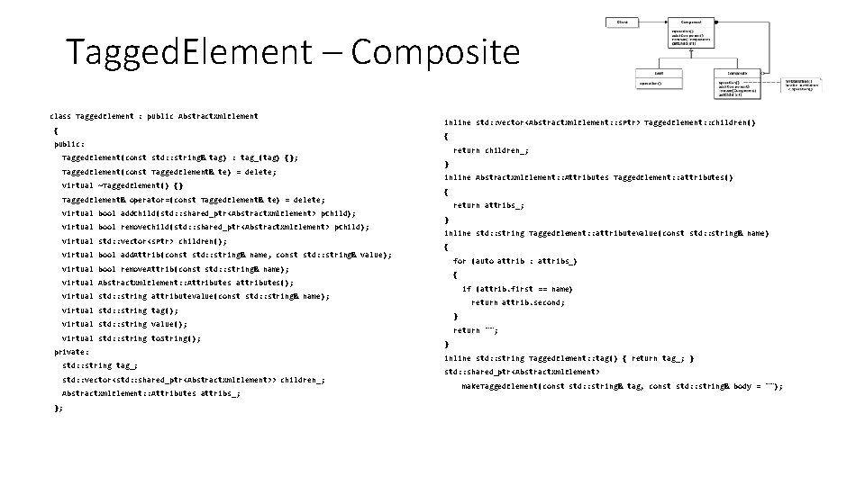Tagged. Element – Composite class Tagged. Element : public Abstract. Xml. Element { public: