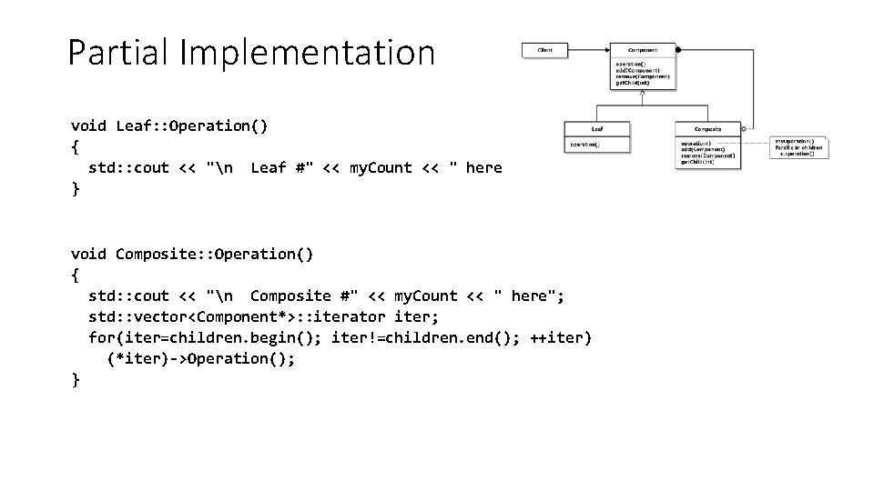 Partial Implementation void Leaf: : Operation() { std: : cout << "n Leaf #"