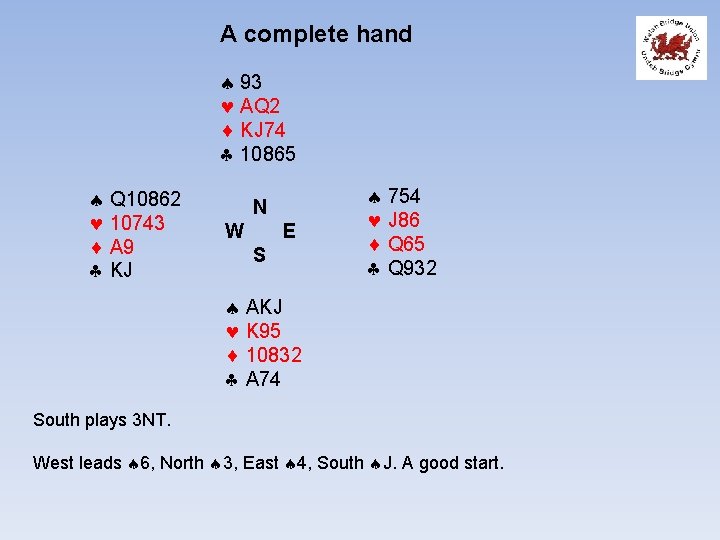 A complete hand 93 AQ 2 KJ 74 10865 Q 10862 10743 A 9