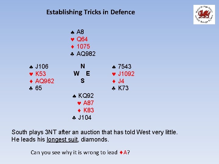 Establishing Tricks in Defence A 8 Q 64 1075 AQ 982 J 106 K