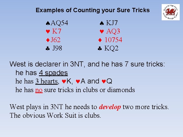 Examples of Counting your Sure Tricks AQ 54 K 7 J 62 J 98