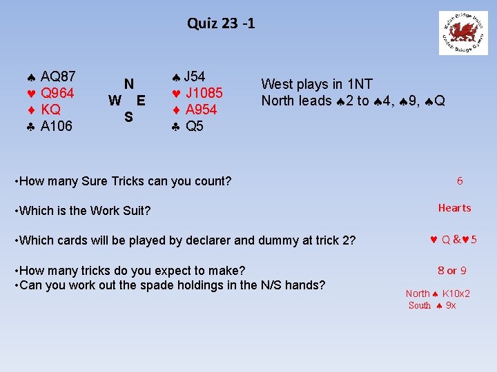 Quiz 23 -1 AQ 87 Q 964 KQ A 106 N W E S