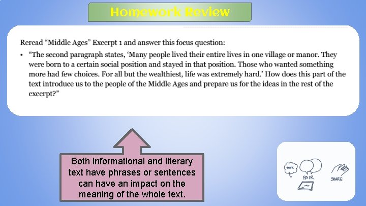 Homework Review Both informational and literary text have phrases or sentences can have an