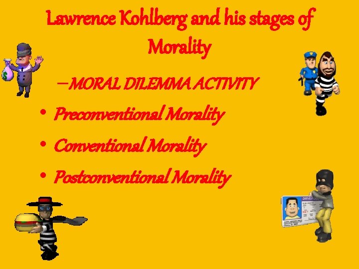 Lawrence Kohlberg and his stages of Morality –MORAL DILEMMA ACTIVITY • Preconventional Morality •