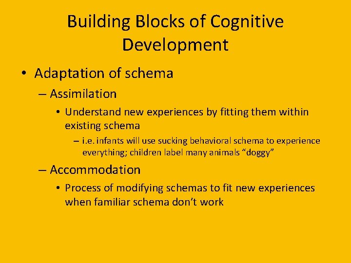 Building Blocks of Cognitive Development • Adaptation of schema – Assimilation • Understand new