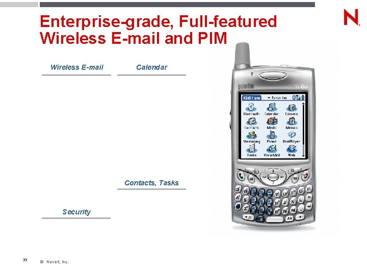 Enterprise-grade, Full-featured Wireless E-mail and PIM Wireless E-mail Calendar Contacts, Tasks Security 33 ©
