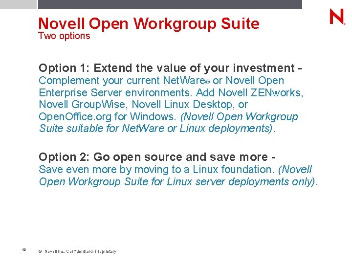 Novell Open Workgroup Suite Two options Option 1: Extend the value of your investment Novell Open Workgroup Suite Two options Option 1: Extend the value of your investment