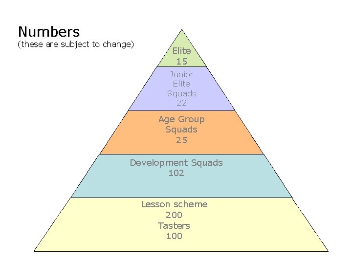 Numbers (these are subject to change) Elite 15 Junior Elite Squads 22 Age Group