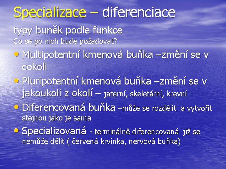 Specializace – diferenciace typy buněk podle funkce Co se po nich bude požadovat? •